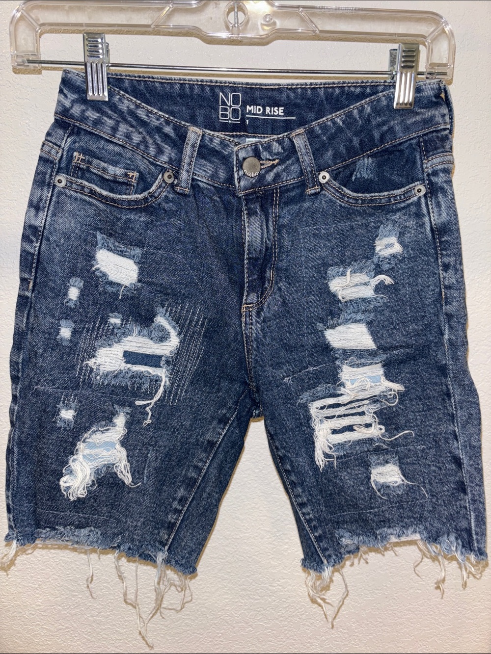 NOBO Dark Blue Distressed Mid-Rise Denim Bermuda Shorts